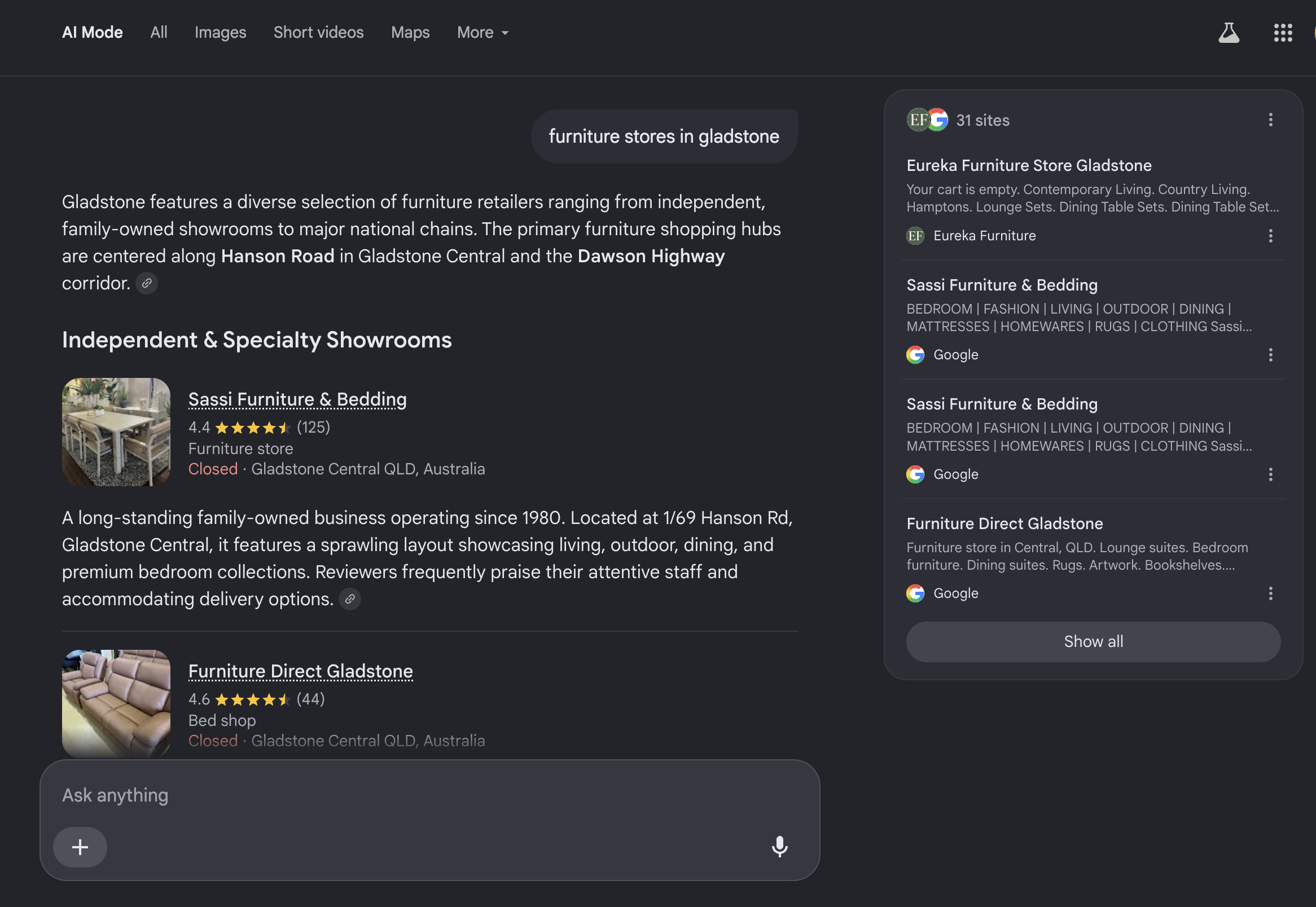 Sassi Furniture — SEO: Google AI overview — top listing for Gladstone furniture retailers