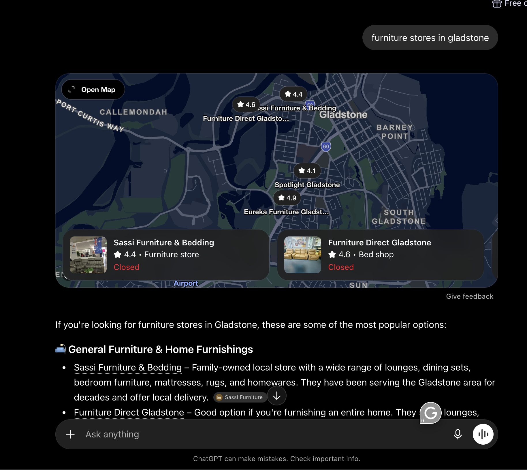 Sassi Furniture — AI search: Featured first in ChatGPT for "furniture stores in Gladstone"